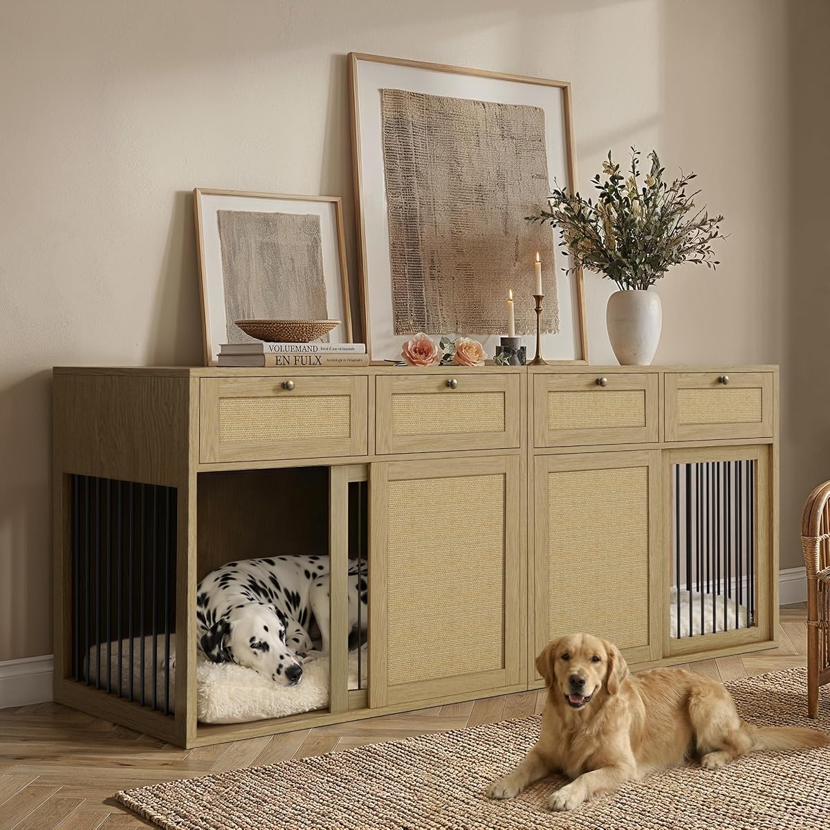 2-Piece Double Dog Crate Furniture, 80 Inch, Light Oak