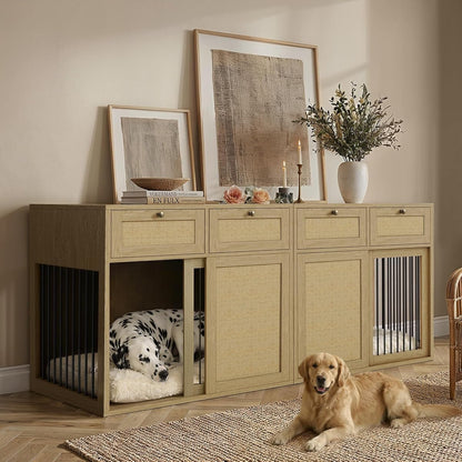 2-Piece Double Dog Crate Furniture, 80 Inch, Light Oak