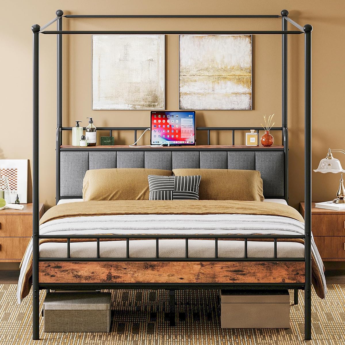 Canopy Bed Frame Full, Storage Headboard with Charging Station
