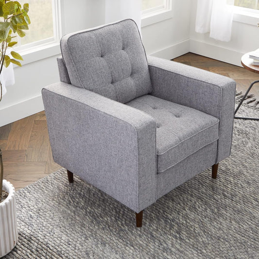 Lynnwood Upholstered Accent Chair - Living Room Furniture - Office - Bedroom - Mid-Century Modern Design - Armchair - Buttonless Tufting - Simple Assembly - Solid Frame - Light Gray