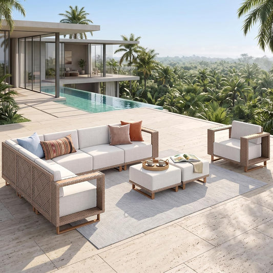 Patio Sectional Furniture Set with 10" Thick Cushions, Outdoor Modular Couch Sofa Set, 9 Seats Yellow Rattan Conversation Sets for Deck Yard Lawn
