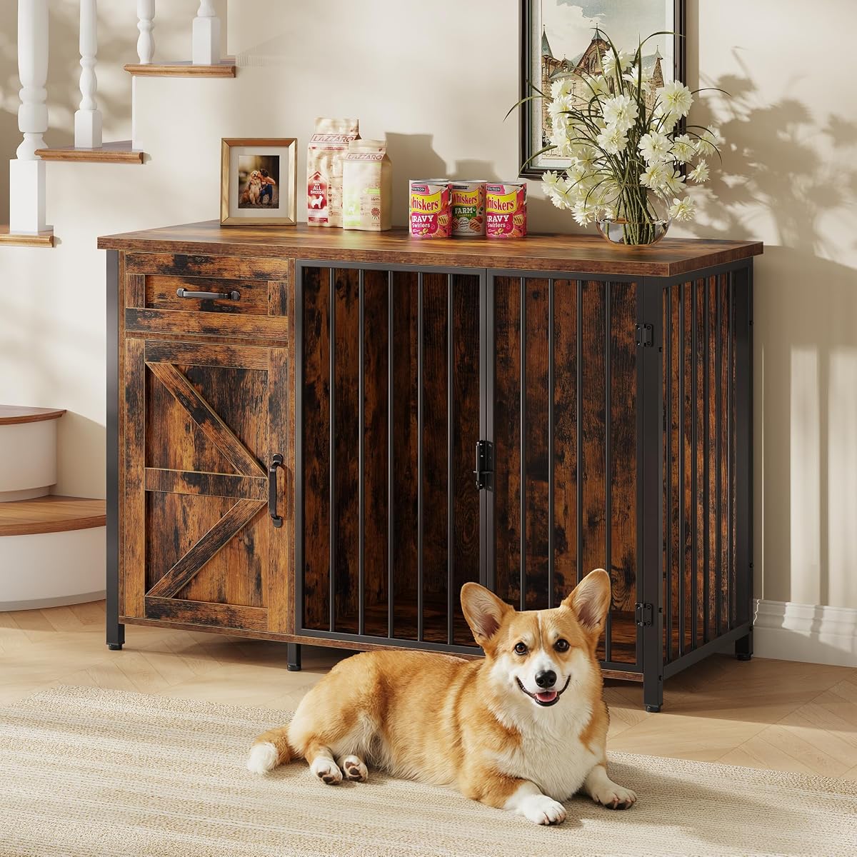 Spacesea 30" Dog Crate Furniture with Storage Drawers and Cabinet