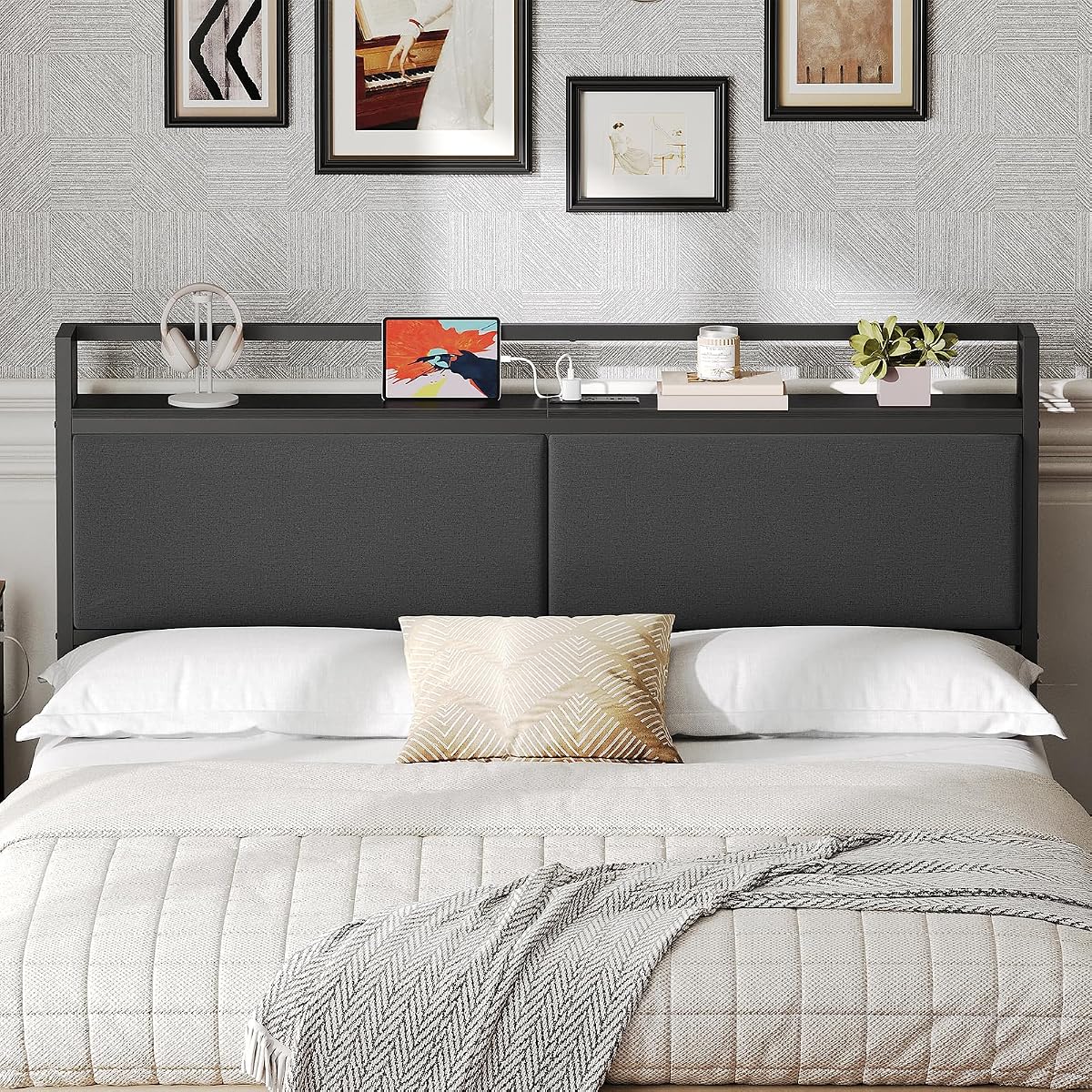 Queen Headboard Only with Storage, Upholstered Head Board with Charging Station