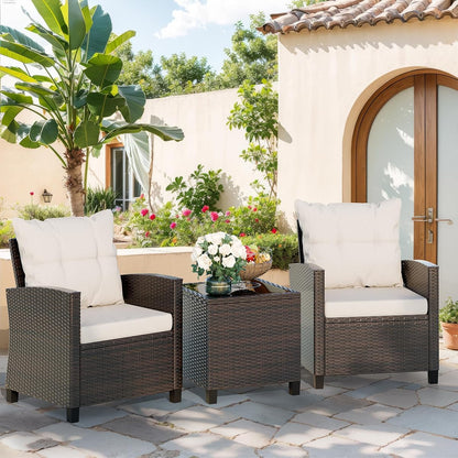 3 Pieces Patio Furniture Set Small Outdoor Wicker Rattan Front Porch Bistro Set Cushioned Patio Chairs Conversation Set with Glass Table for Lawn, Garden, Backyard, Balcony, Beige