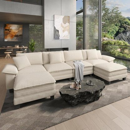 158" Oversized Modular Sectional U Shaped Sofa, Corduroy Beige | 6-Seater Living Room Couches, Wider Armrest and Deep Seat, Comfy Cloud Couch with Ottoman, Wood Sturdy Frame