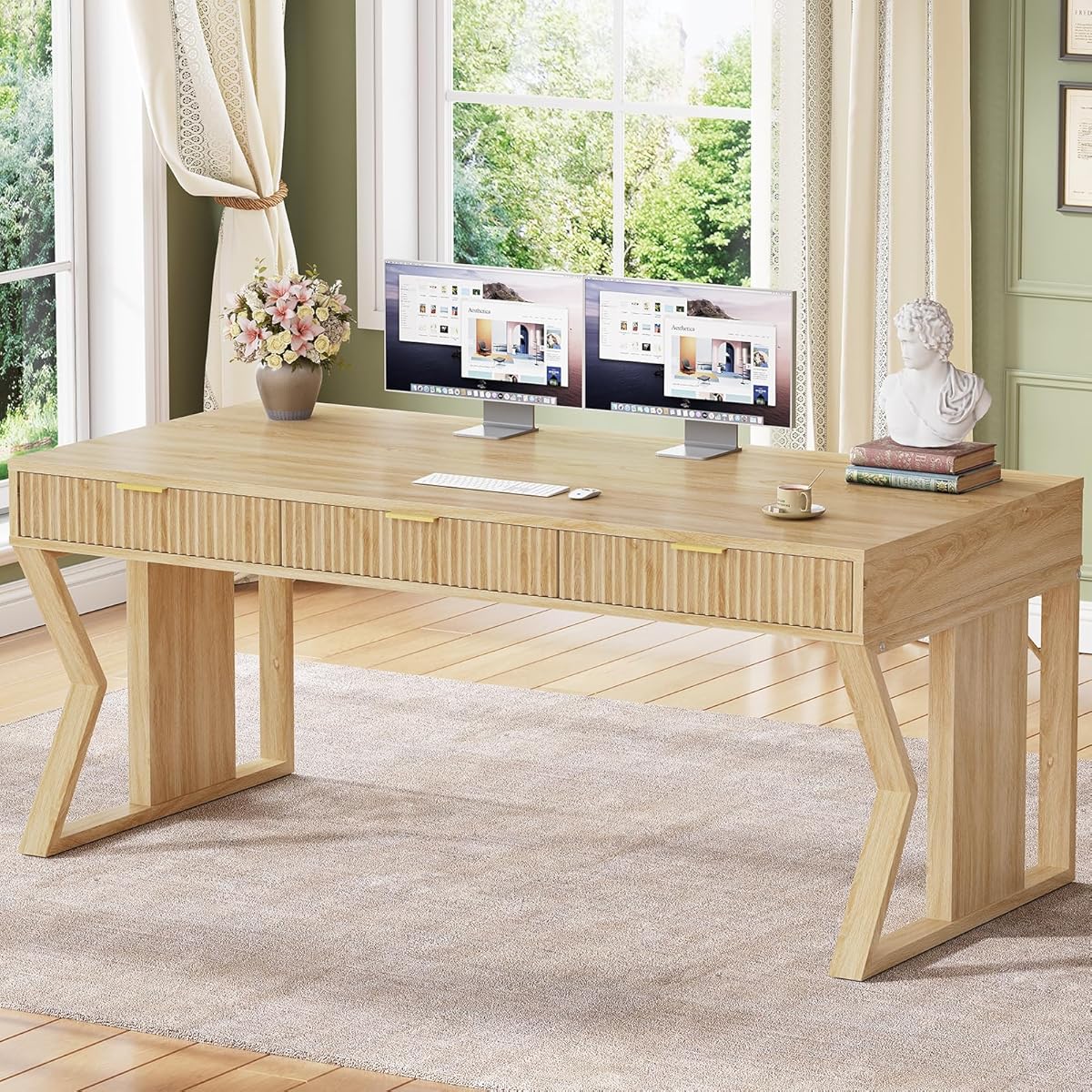 55" Executive Office Desk with 3 Drawers, Home Office Desk with Storage Drawers, Computer Writing Desk Study Table, Natural Oak