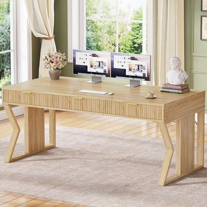 55" Executive Office Desk with 3 Drawers, Home Office Desk with Storage Drawers, Computer Writing Desk Study Table, Natural Oak