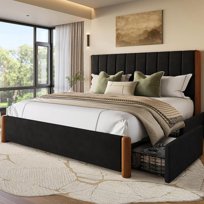 King Size Bed Frame and Headboard & 4 Drawers,Solid Wood Bed Frame