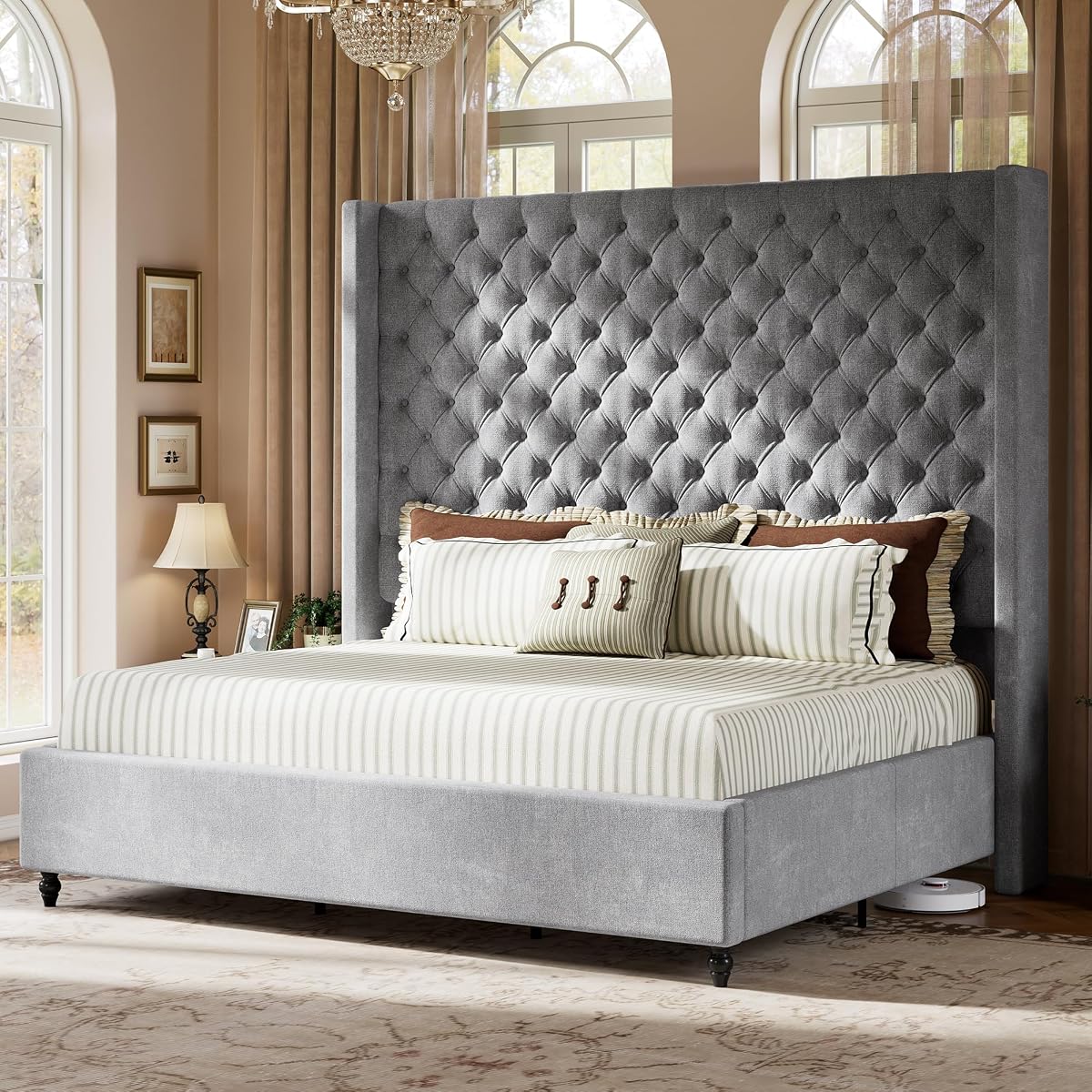 Queen Bed Frame with 63" Tall Wingback Headboard, Grey