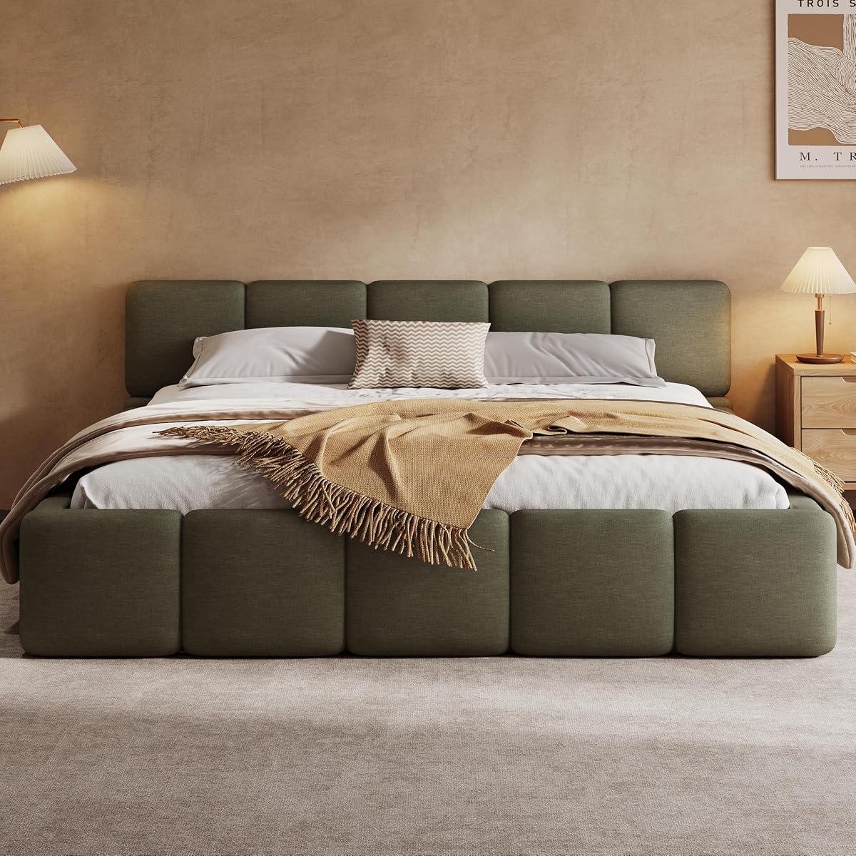 Olive Green Modern California King Bed Frame with Headboard