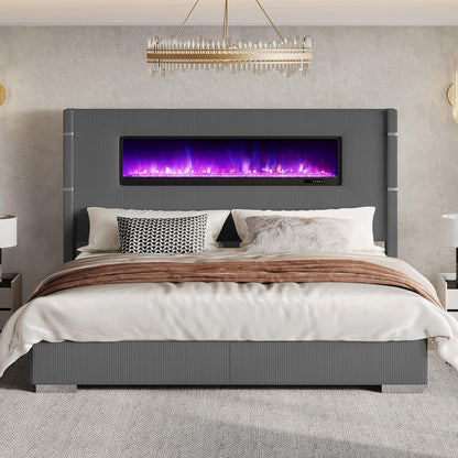 Dark Gray King Bed Frame with Upholstered Headboard