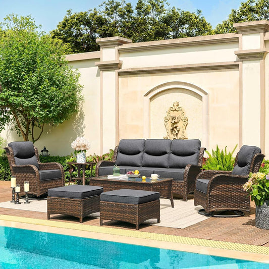 Luxury Outdoor Patio Furniture Set with 6-Inch Thick Cushions, High Back Wicker Swivel Rocker Chairs, 7 Pcs All Weather Conversation Set for Large Deck, Yard and Poolside, Gray (V3)