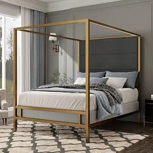 Queen Size Canopy Bed with Upholstered Headboard and Storage,Gold+Dark Grey, view 2