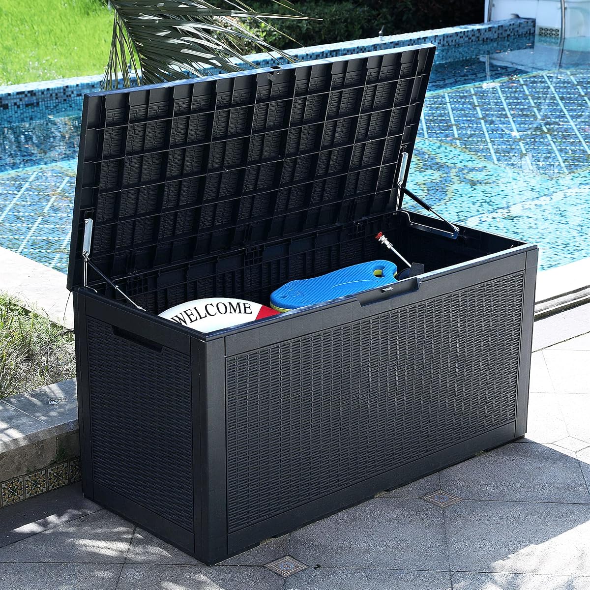 100 Gallon Large Deck Box | Outdoor Resin Storage Boxes for Patio Furniture, Outdoor Cushions, Garden Tools, Water Resistant and Lockable
