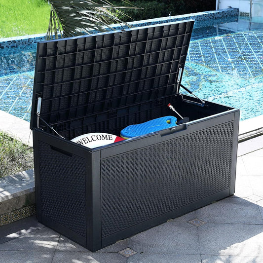 100 Gallon Large Deck Box | Outdoor Resin Storage Boxes for Patio Furniture, Outdoor Cushions, Garden Tools, Water Resistant and Lockable