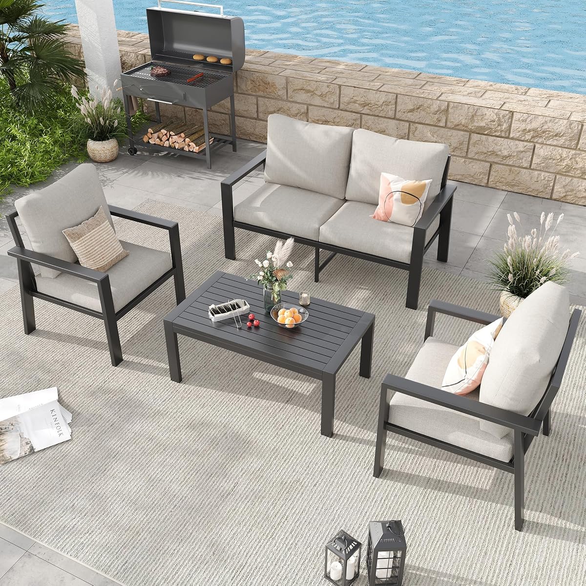 Aluminum Patio Furniture Sets Metal Outdoor Furniture Set with Cushion All-Weather Sectional Sofa with Coffee Table for for Backyard, Garden and Poolside Easy Assembly(Beige)
