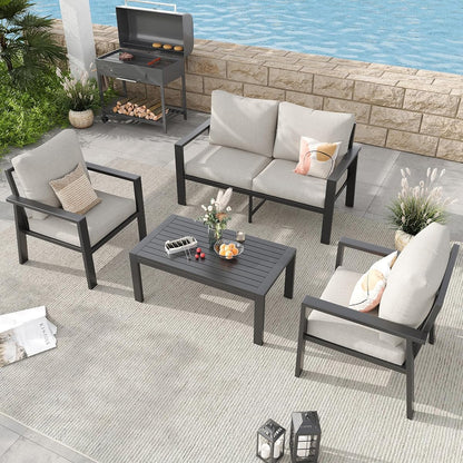 Aluminum Patio Furniture Sets Metal Outdoor Furniture Set with Cushion All-Weather Sectional Sofa with Coffee Table for for Backyard, Garden and Poolside Easy Assembly(Beige)