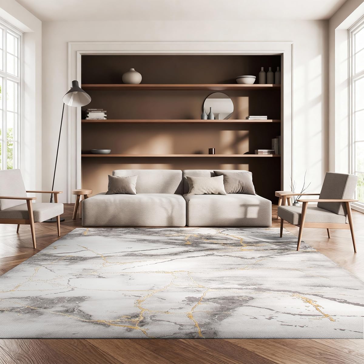 SAFAVIEH Craft Collection Area Rug - 6'7" x 9', Grey & Gold, Modern Abstract Design, Non-Shedding & Easy Care, Ideal for High Traffic Areas in Living Room, Bedroom (CFT877F)