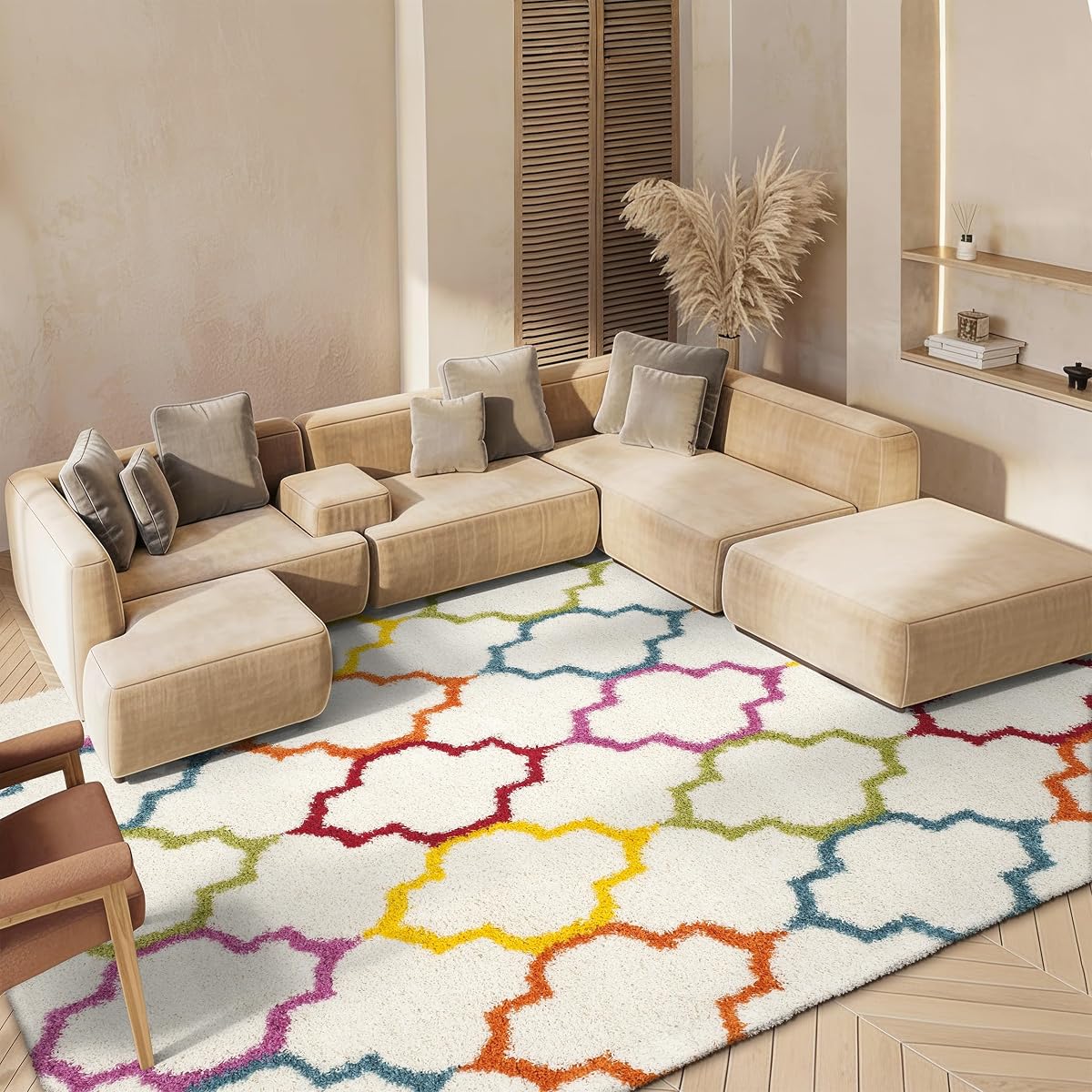 SAFAVIEH Kids Shag Collection Area Rug - 5'3" x 7'6", Ivory & Multi, Rainbow Trellis Design, Non-Shedding & Easy Care, 2-inch Thick Ideal for High Traffic Areas in Living Room, Bedroom (SGK569A)