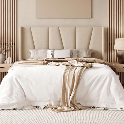 Queen Size Platform Linen Bed Frame with Headboard, Beige