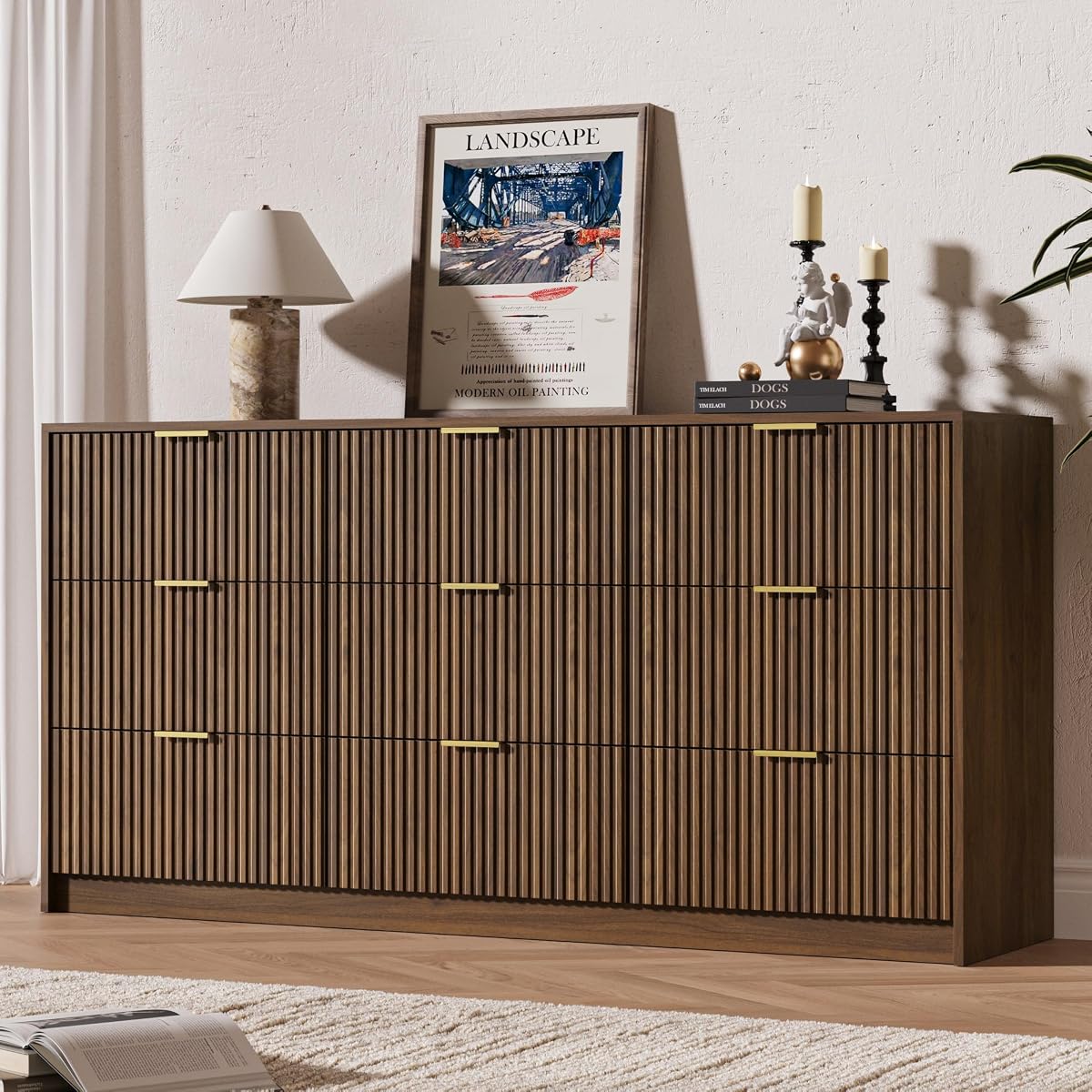 63" Wide Fluted 9-Drawer Dresser for Bedroom, Walnut