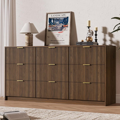 63" Wide Fluted 9-Drawer Dresser for Bedroom, Walnut