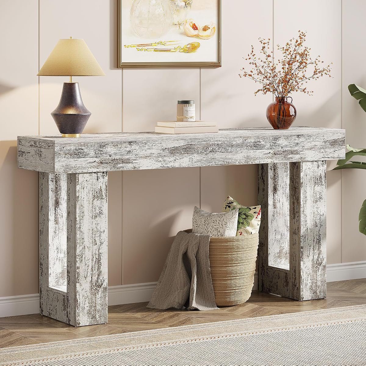 Tribesigns 63-Inch Long Console Table, Wooden Rectangular Sofa Table Behind The Couch, Farmhouse Entryway Table for Entrance, Hallway, Living Room (Distressed White)
