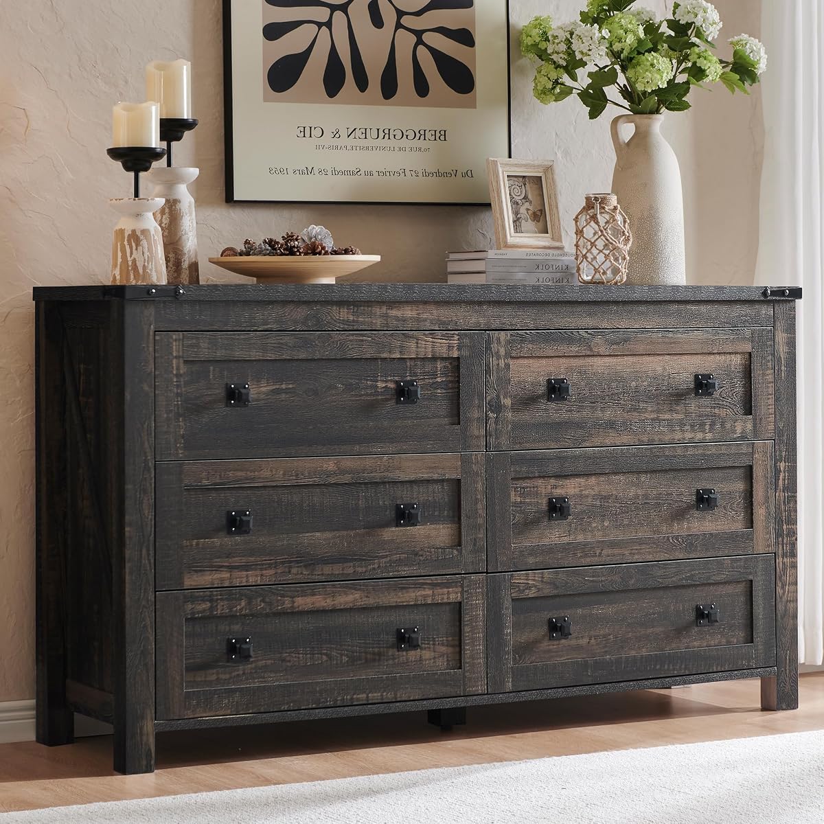 54" Wide Farmhouse 6-Drawer Dresser for Bedroom, Dark Rustic Oak | Rustic, Wood Storage Cabinet, Metal Handle, Unique Corner Accent, Bedroom, Living Room, Hallway