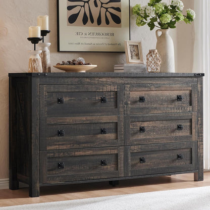 54" Wide Farmhouse 6-Drawer Dresser for Bedroom, Dark Rustic Oak | Rustic, Wood Storage Cabinet, Metal Handle, Unique Corner Accent, Bedroom, Living Room, Hallway