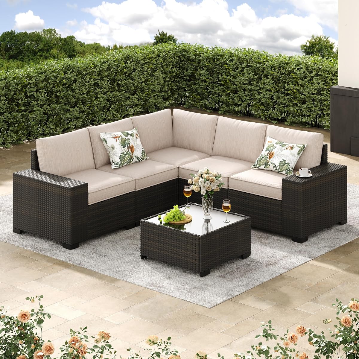6-Piece Patio Furniture Set, All-Weather Outdoor Wicker Sectional Sofa with Cushions, Glass Table & Left and Right Armrest, Rattan Conversation Seating for Porch, Garden, Backyard,Beige