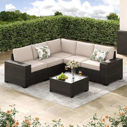 6-Piece Patio Furniture Set, All-Weather Outdoor Wicker Sectional Sofa with Cushions, Glass Table & Left and Right Armrest, Rattan Conversation Seating for Porch, Garden, Backyard,Beige