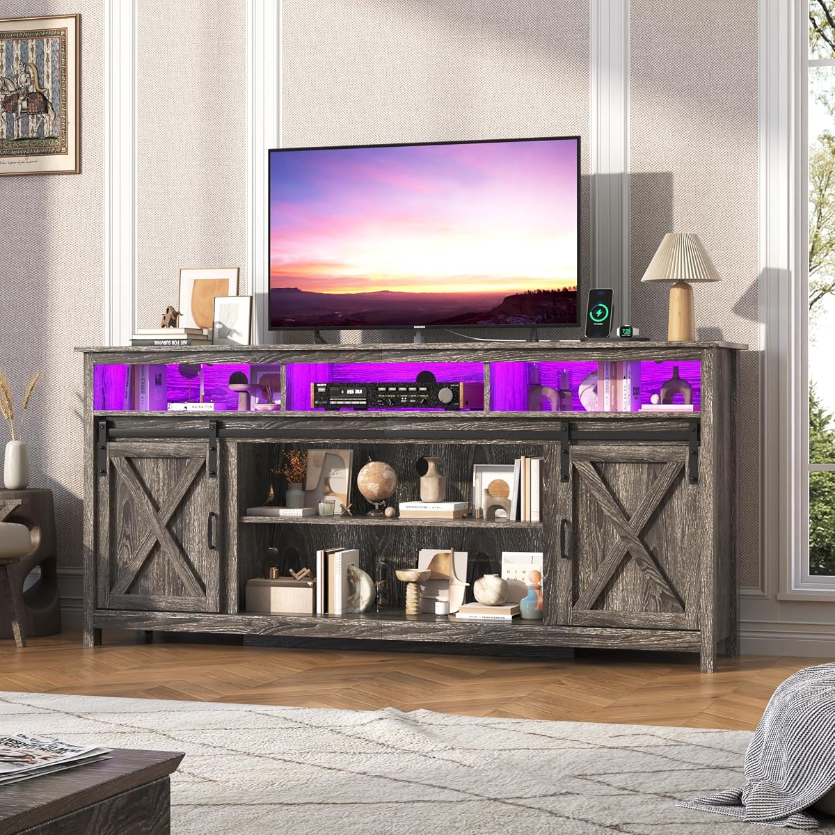 Farmhouse TV Stand for 80/75 Inch TV with Power Outlet, Entertainment Center with Storage and Sliding Barn Doors, Wood Media Console for Living Room, Grey