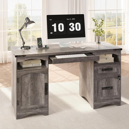55'' Farmhouse Executive Desk with Drawers & Charging Station, Grey