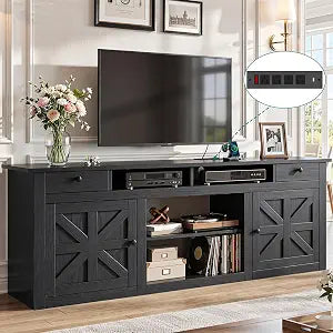 Farmhouse TV Stand with Power Outlet for 80 Inch TVs, Black, view 2