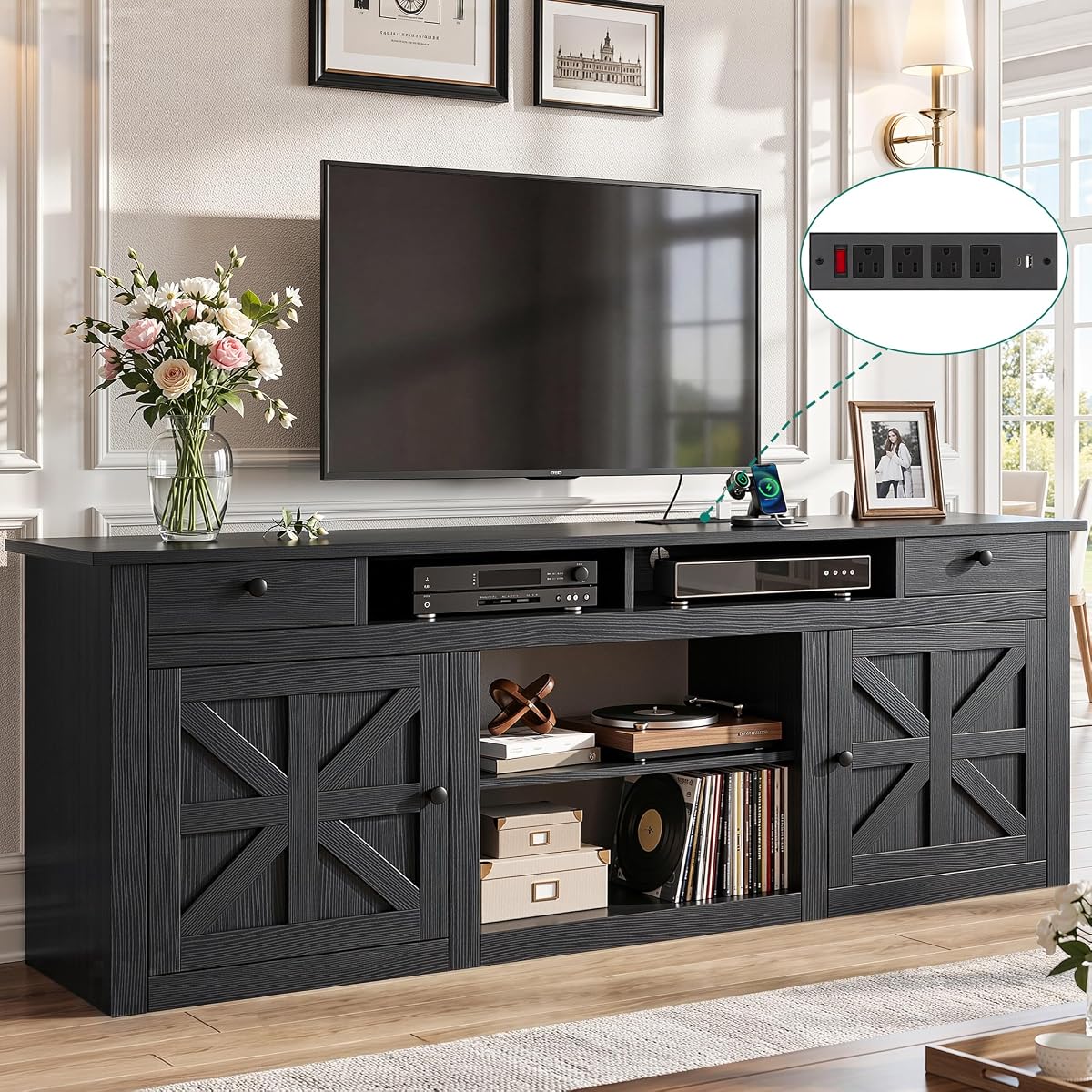 Farmhouse TV Stand with Power Outlet for 80 Inch TVs, Black