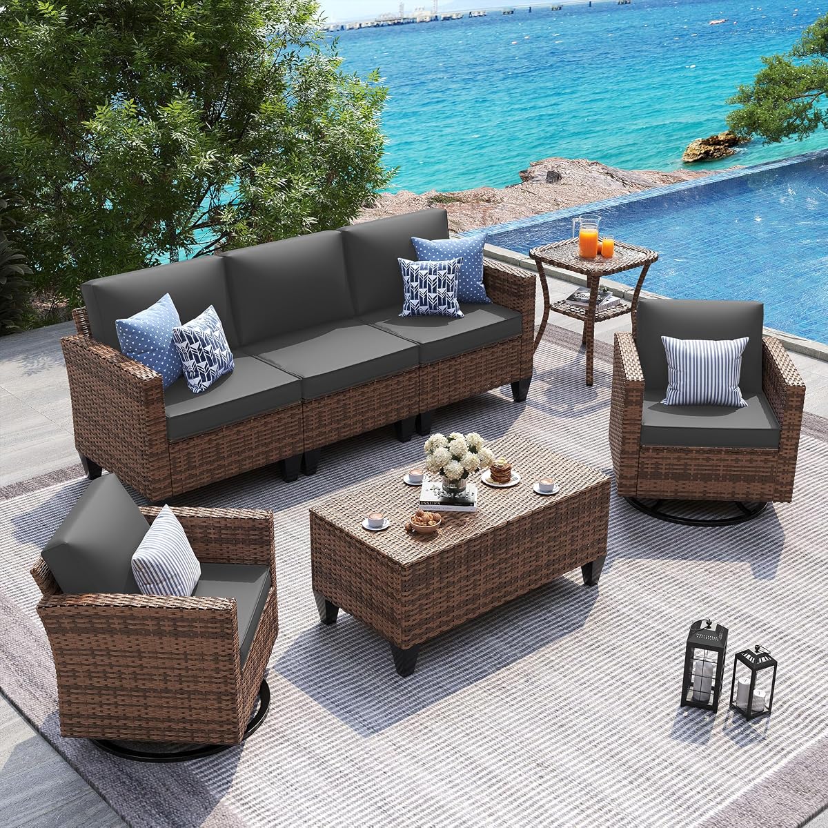 Patio Furniture Set, 5 Pieces Outdoor Conversation Sets with Rocking Swivel Chairs, Wicker Rattan Outdoor Sofa Set with Storage Table and Waterproof Covers for Backyard, Deck, Porch, Grey