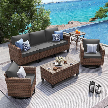 Patio Furniture Set, 5 Pieces Outdoor Conversation Sets with Rocking Swivel Chairs, Wicker Rattan Outdoor Sofa Set with Storage Table and Waterproof Covers for Backyard, Deck, Porch, Grey