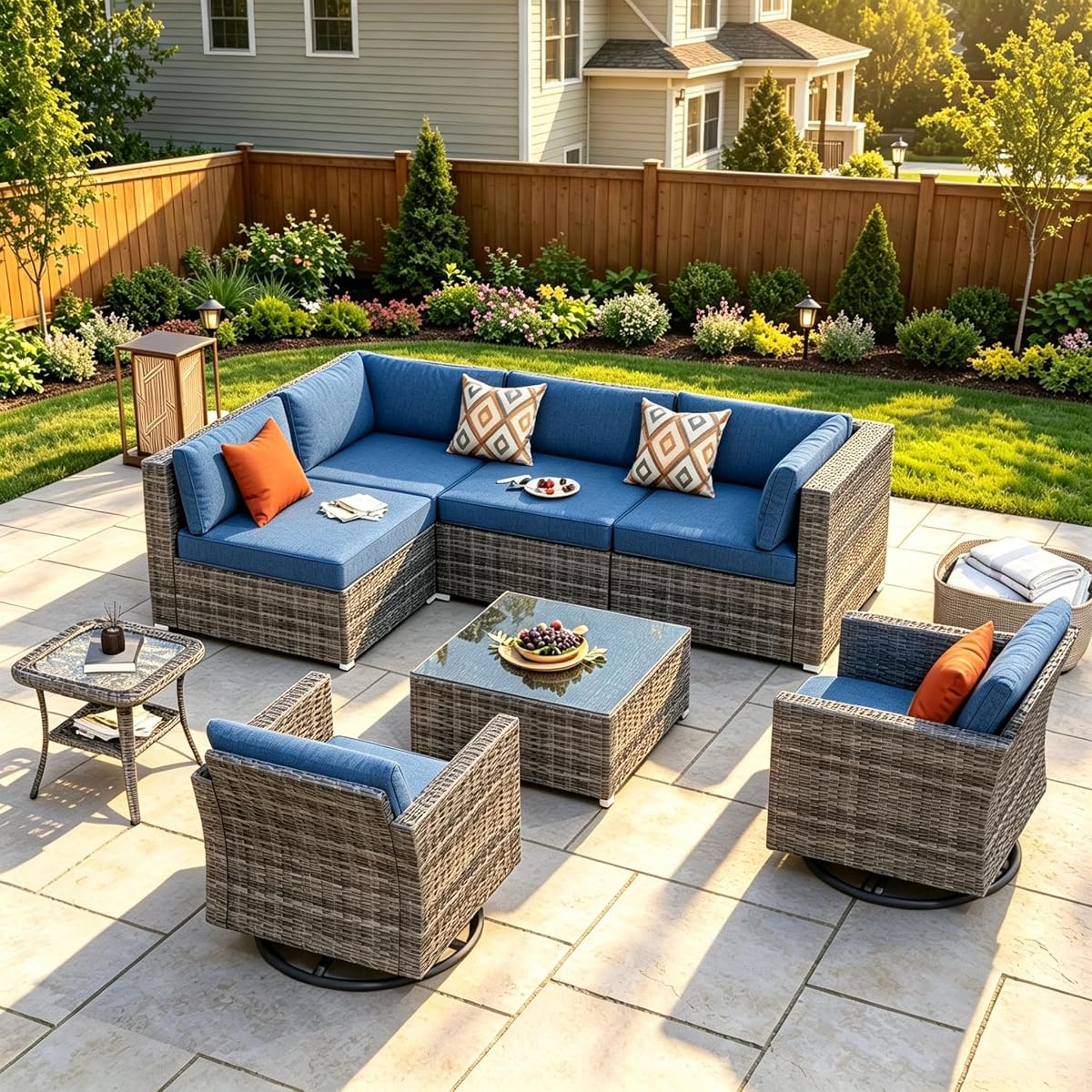 8 Pieces L Shaped Outdoor Patio Sectional Furniture With Swivel Chairs