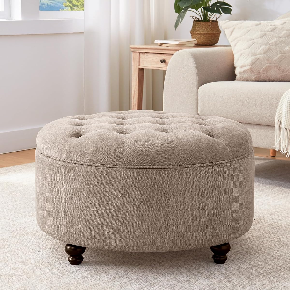30-Inch Round Storage Ottoman, Modern Button Tufted Coffee Table with Removable Top, Upholstered Ottoman with Storage Footrest Stool for Living Room, Bedroom and Office(Brown)