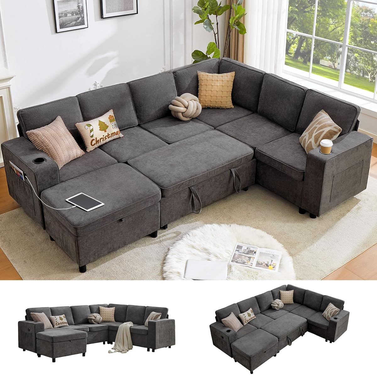 107 Inch Modular Sectional Sofa with Pull Out Bed, 7 Seat U Shaped Sectional Sleeper Sofa with Storage Ottoman, USB Port & 6 Pillows, Sectional Couches for Living Room & Apartment, Modular Couch, Grey