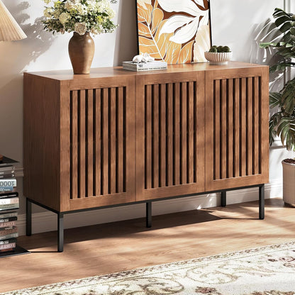 Modern Storage Cabinet with Slatted Doors,Sideboard Buffet Cabinet with Adjustable Shelf and Metal Legs for Kitchen,Dining Room,Living Room,47 Inch, Brown