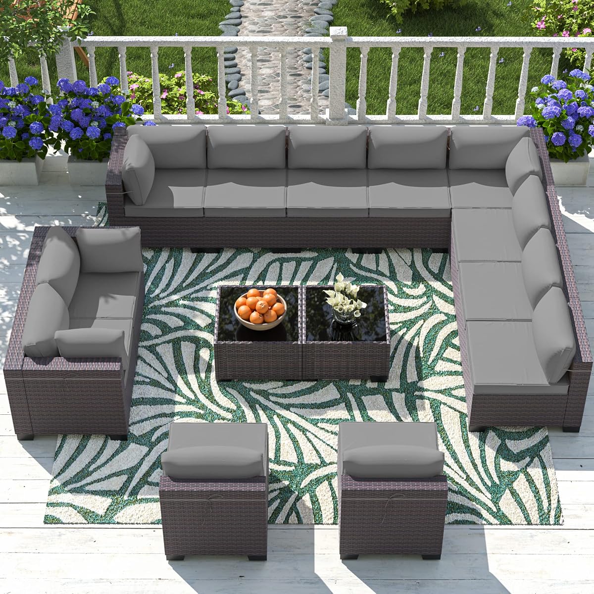 Outdoor Patio Furniture Set, 14 Pieces Outdoor Sectional Furniture Patio Sofa, All-Weather PE Rattan Patio Conversation Set with Tempered Glass Top Table & Cushions(Grey).