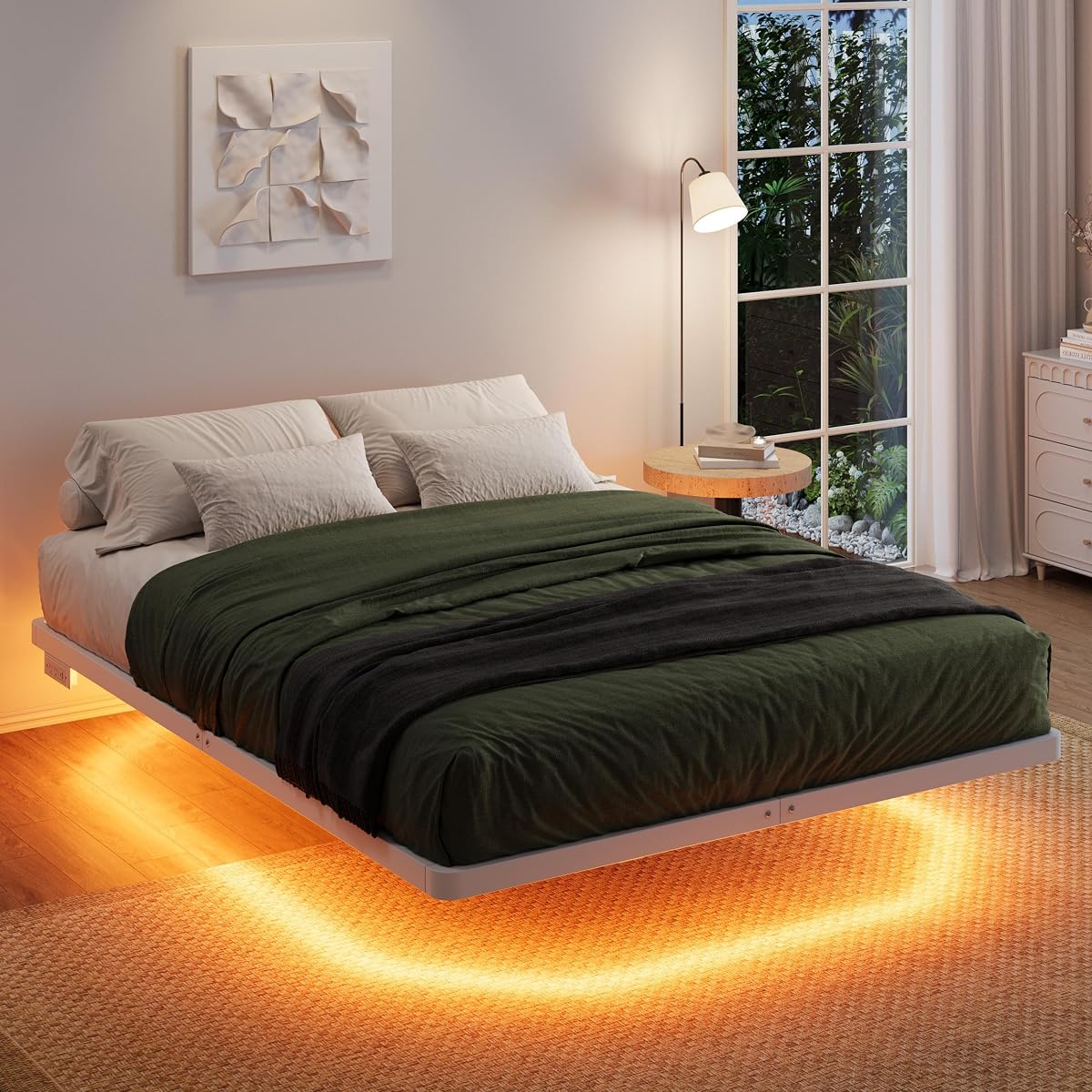 Full Size Floating Bed Frame with Smart LED Lights, White