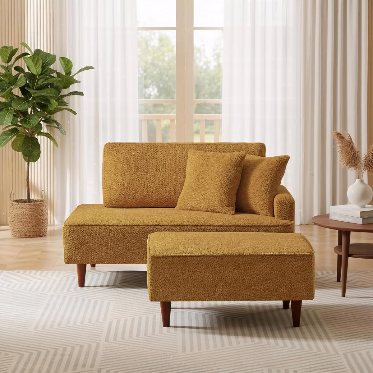 72" Indoor Chaise Lounge Chair with Ottoman, Upholstered Boucle Long Chaise