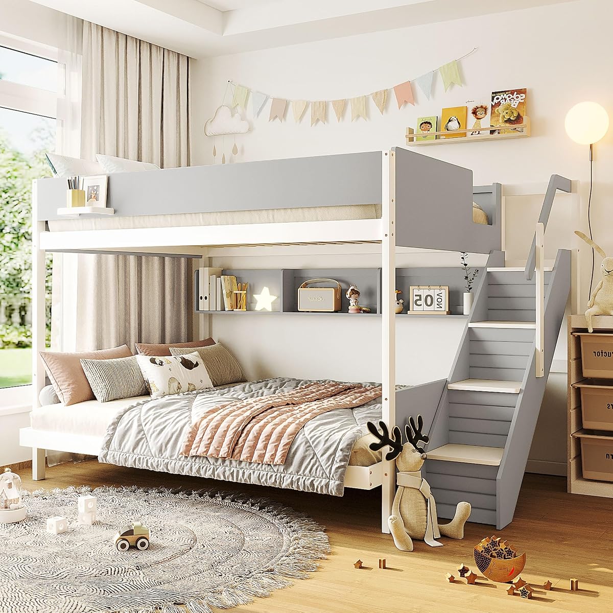 JIVOIT Twin Over Full Bunk Bed with Striped-Design Staircase, Side Shelves | Solid Wood Bunk Bed Frame, Space-Saving Design, Full-Length Safety Guardrails, Handrails, Wood Slats Support