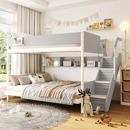 JIVOIT Twin Over Full Bunk Bed with Striped-Design Staircase, Side Shelves | Solid Wood Bunk Bed Frame, Space-Saving Design, Full-Length Safety Guardrails, Handrails, Wood Slats Support