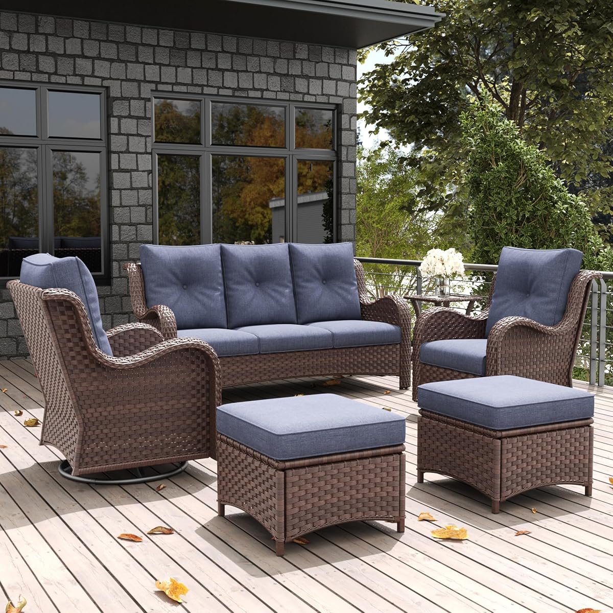 6 Pieces Outdoor Patio Furniture Set, Rattan Wicker Sectional Swivel Rocker Chairs Sets with Ottomans, Swivel Glider Chairs, and Coffee Table