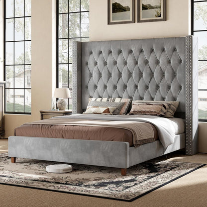 Queen Bed Frame 61.4" Tall Upholstered Wingback Headboard, Grey