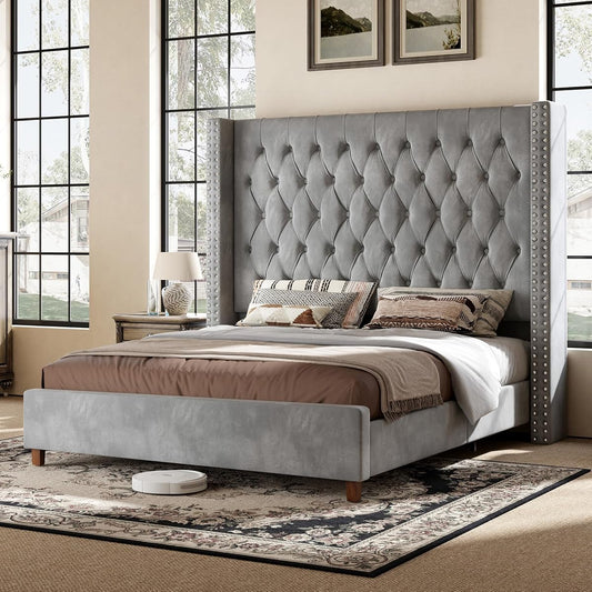 Queen Bed Frame 61.4" Tall Upholstered Wingback Headboard, Grey