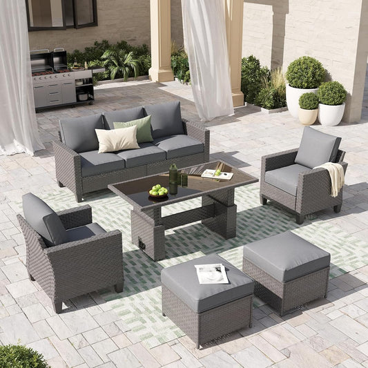 Outdoor Patio Furniture Set 6 Piece Wicker Conversation Set with Lift Coffee Table Sectional Dining Set 3 Seat Sofa Couch with Ottoman, Grey Wicker & Grey Cushion